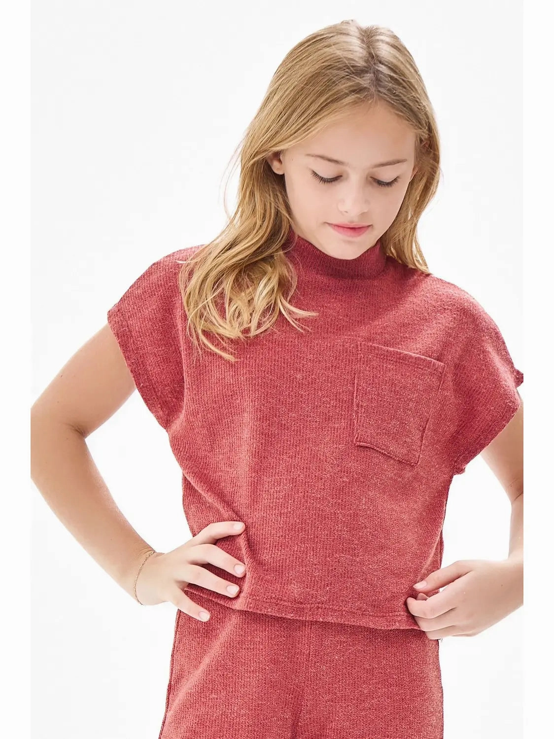 Chest Pocket Mock Neck Drop Shoulder Knit Vest | Brick Active Ease Chic Accessory