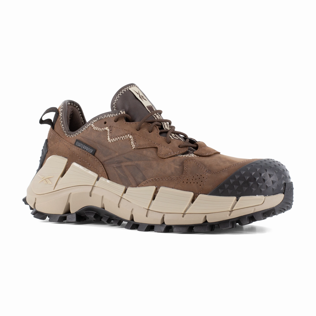 Extended Wear Footwear Thin Soles Reebok Work Zig Kinetica Edge II Work RB3020 Men's Trail-Inspired Waterproof Work Shoe in Brown