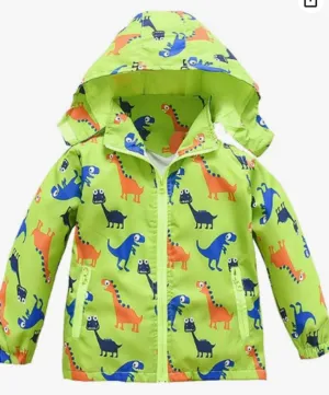 Lightweight Waterproof Jacket Fringe Detail Size 5 (110): HZXVic Green Dinosaur Print Zip-Up Windbreaker-NEW