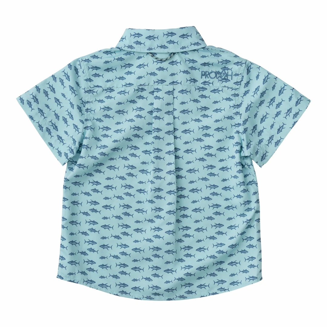 Short Sleeve Fishing Shirt - Aqua Tuna Print OdorControl Treatment DoubleLayeredEdging