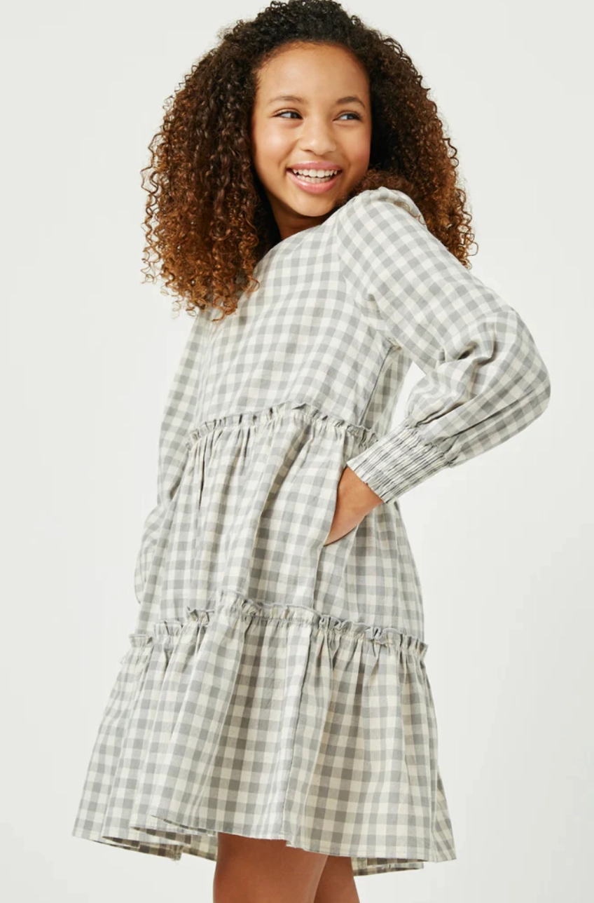 Winter Wear Desk Style Girls Smocked Cuff V Neck Tiered Plaid Dress- Grey
