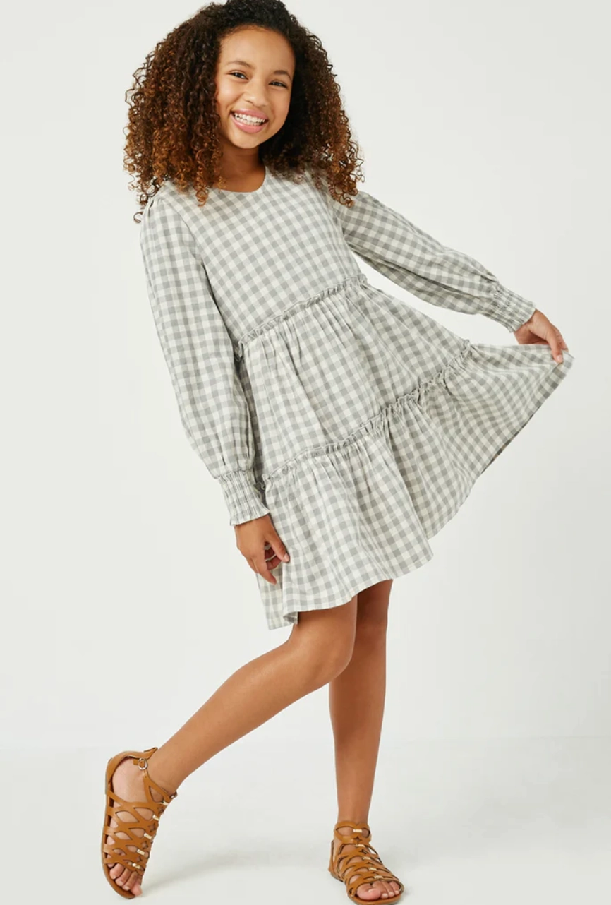 Girls Smocked Cuff V Neck Tiered Plaid Dress- Grey MultiDirectionalFlex