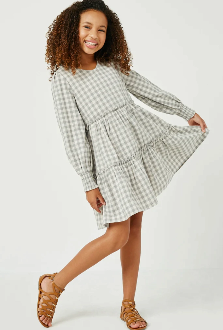 Girls Smocked Cuff V Neck Tiered Plaid Dress- Grey Layered Clothing