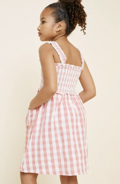 Comfortable Wear NonChafe Girls Smocked Checkered Pocket Dress - Pink