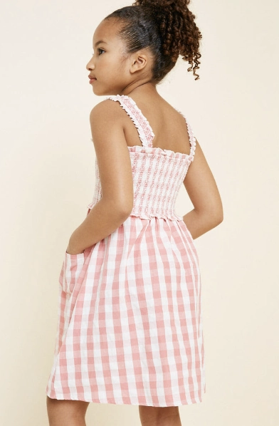 AntimicrobialCoating Girls Smocked Checkered Pocket Dress - Pink