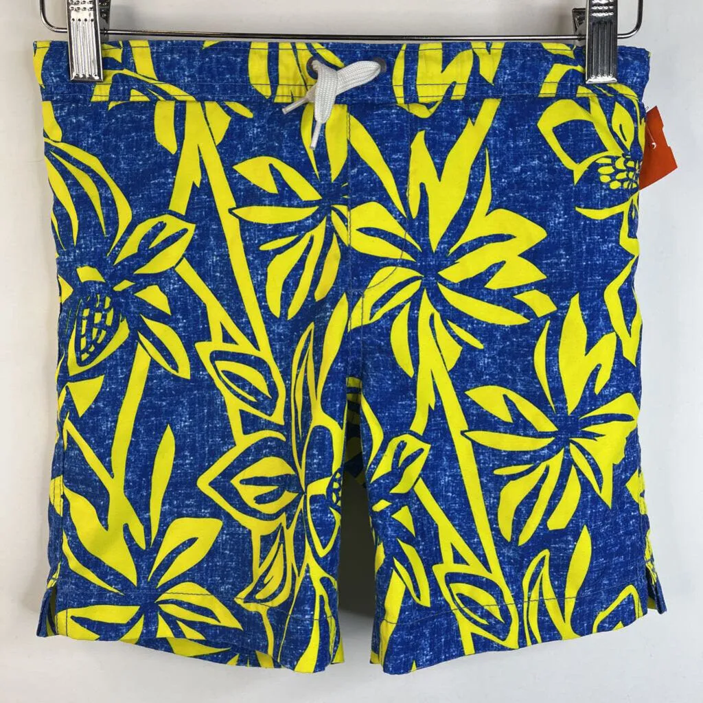 Size 7: Lands End Blue Yellow Floral Swim Shorts Poolside-Chic