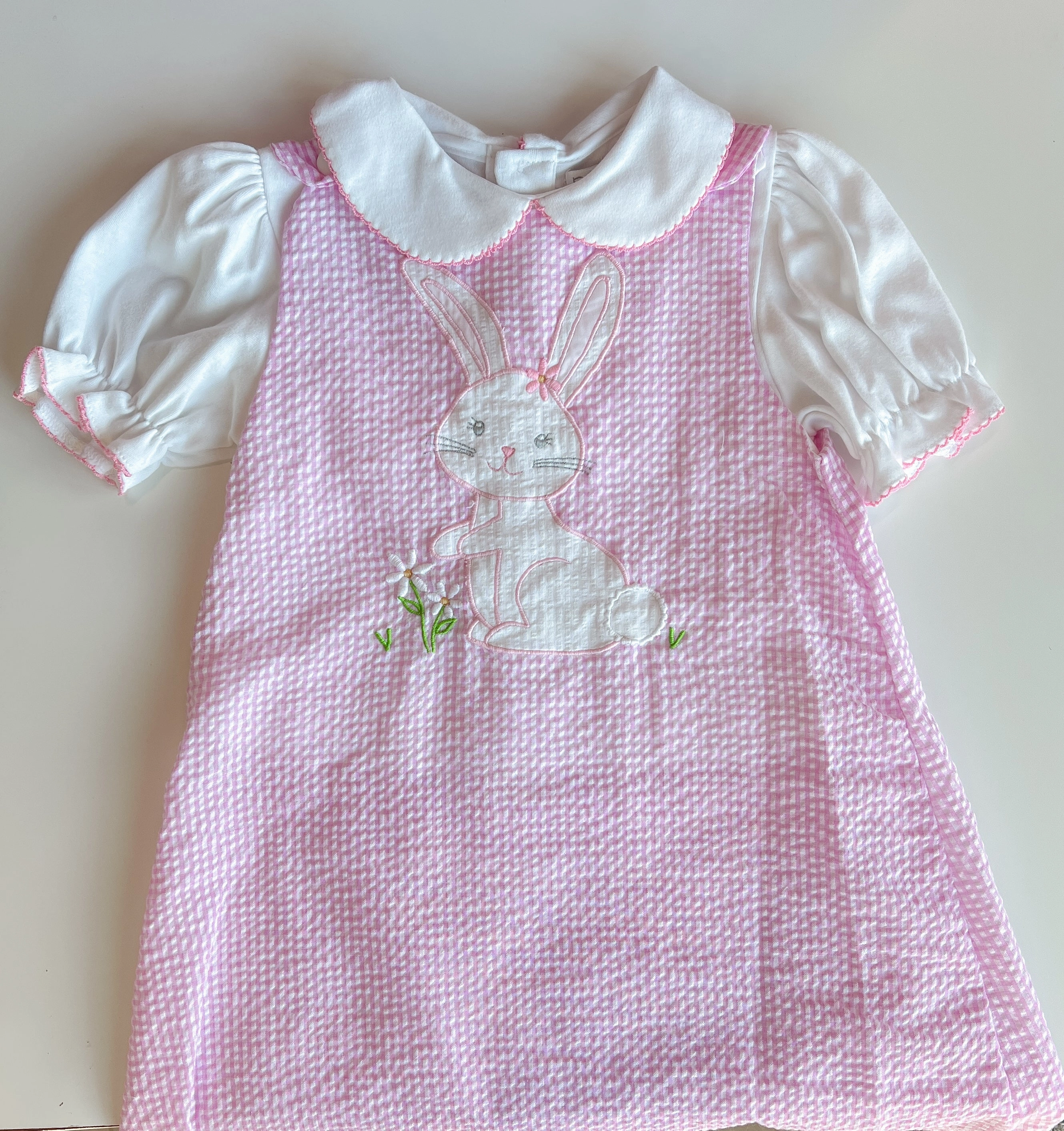 Pink Seersucker Dress w/ Bunny Applique Matte Tone