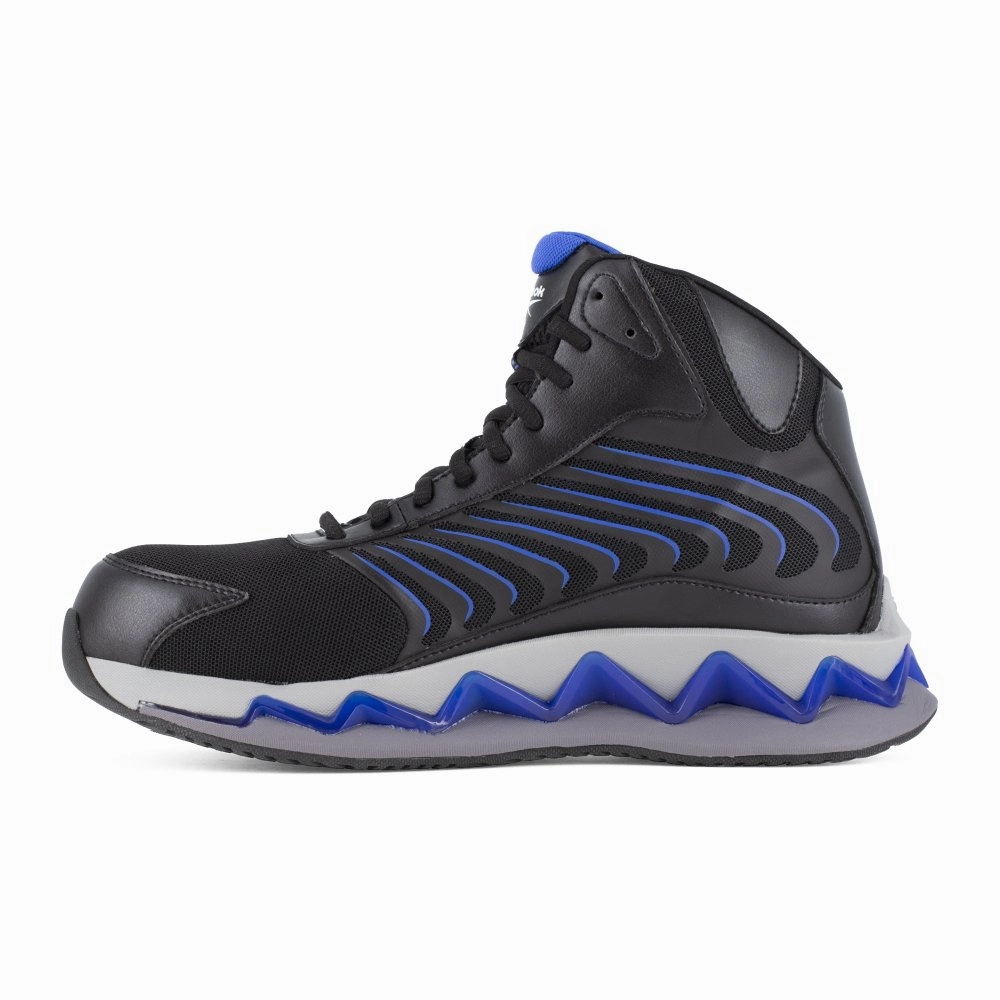 Reebok Men's Zig Elusion Heritage High Top Work Sneaker Composite Toe Rb3225 In Black And Blue 360 Degree Airflow Hybrid Tread Pattern