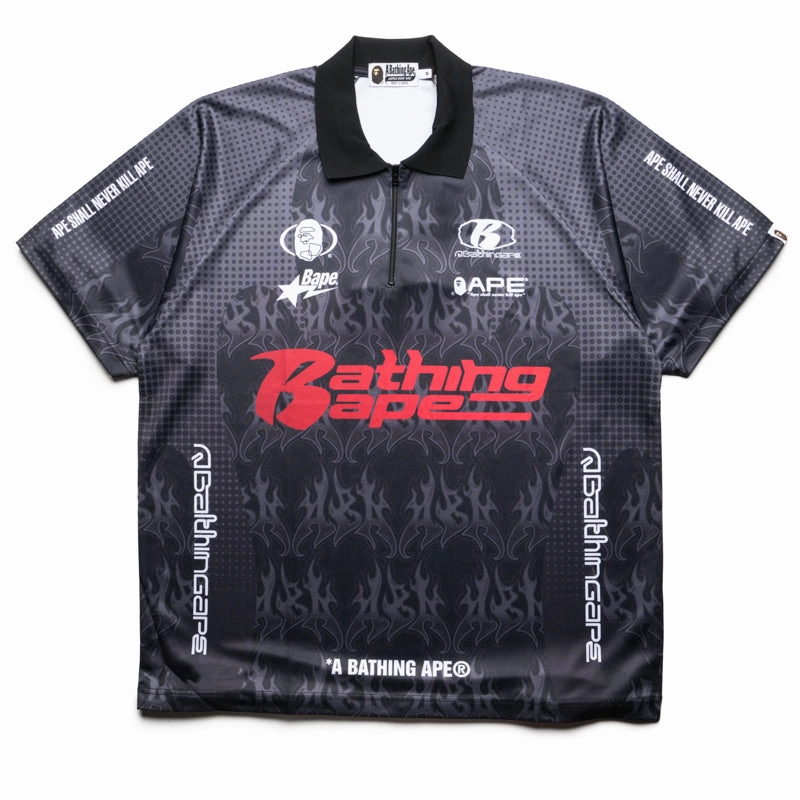 Easy Go A Bathing Ape Flame Pattern Half Zip Polo Shirt - Black
