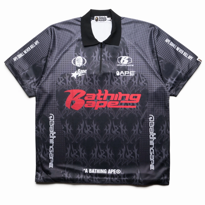 Zero Core Easy Wear A Bathing Ape Flame Pattern Half Zip Polo Shirt - Black