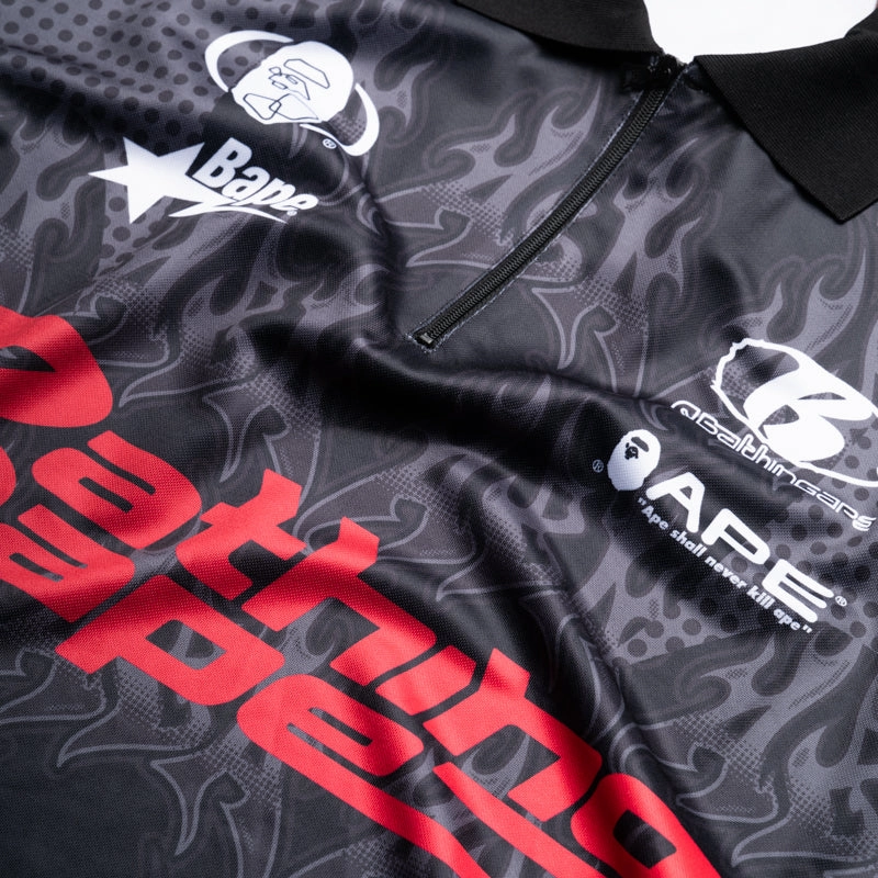 A Bathing Ape Flame Pattern Half Zip Polo Shirt - Black Flexible Outerwear Light Pants