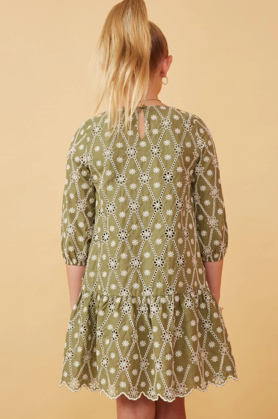 Relaxed Fit Lightweight Feel Girls Eyelet And Crochet Patterned Scallop Dress- Sage