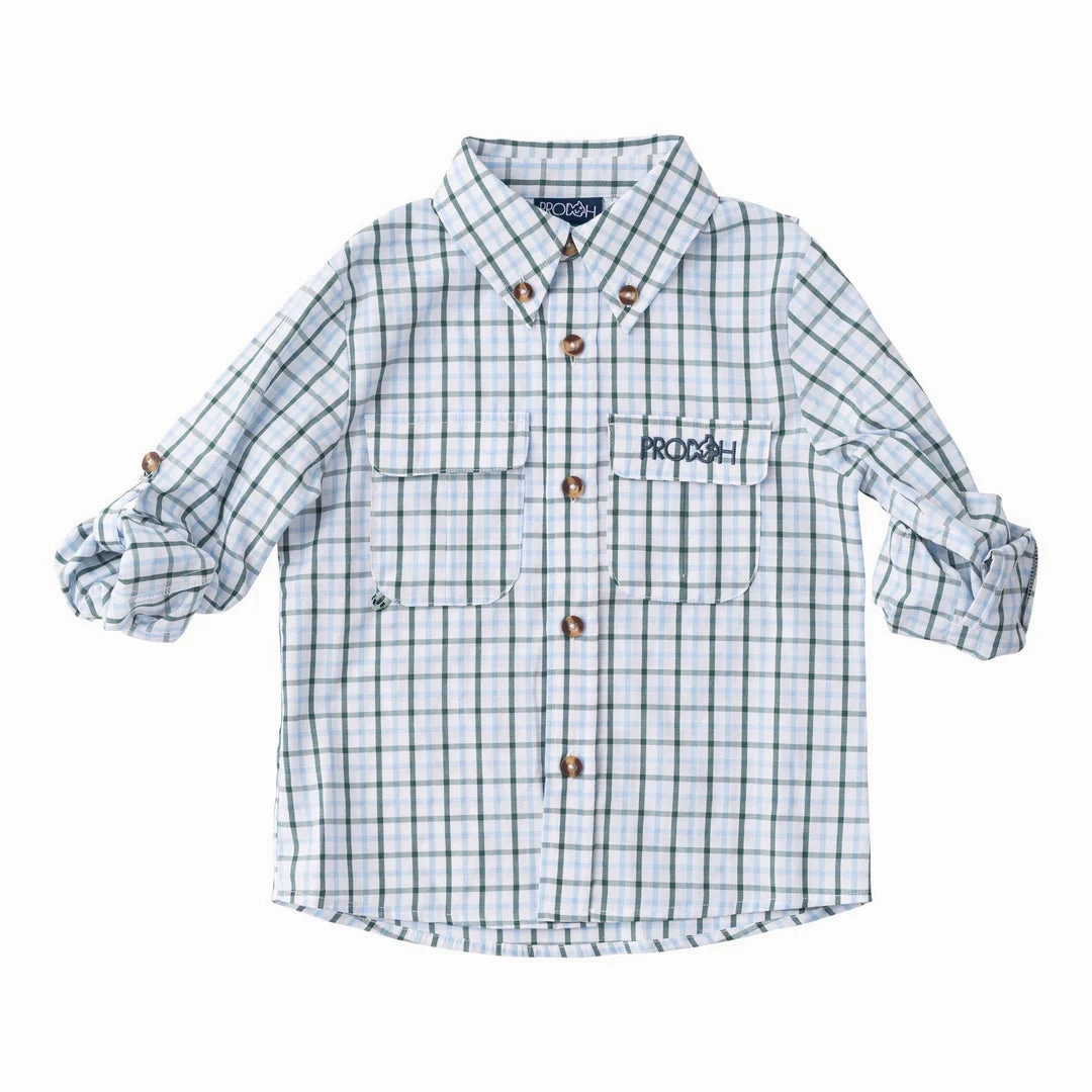 Founders Kids Fishing Shirt - Windowpane Posy Green Fall Mood