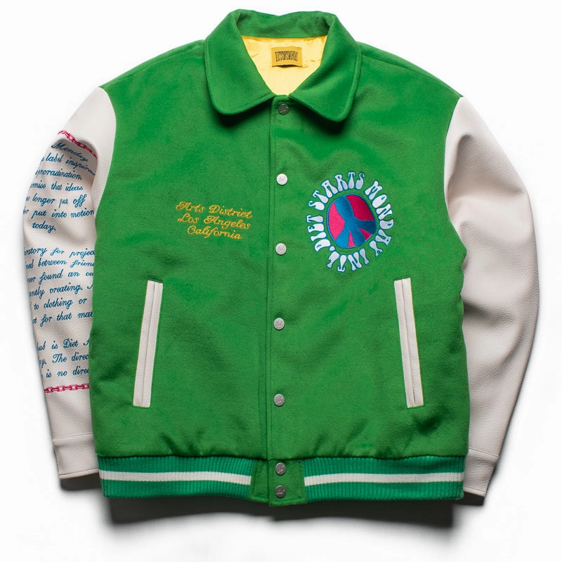 Warm Sweater Diet Starts Monday Arts District Varsity Jacket - Green/Cream