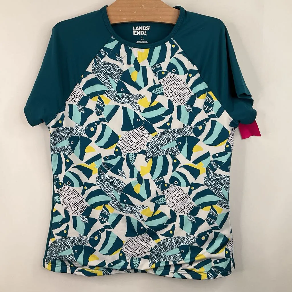 Stylish Choice Size 10-12: Lands End Blue/White Fish Print Swim T-Shirt