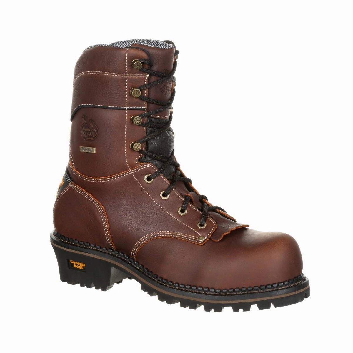 Georgia Boot AMP LT Logger Composite Toe Waterproof Work Boot Gb00236 In Brown Flexible Frame Snowy Path