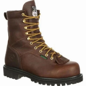 Cushioned Base Georgia Boot Low Heel Logger Men's Waterproof Work Boots G8041 In Brown