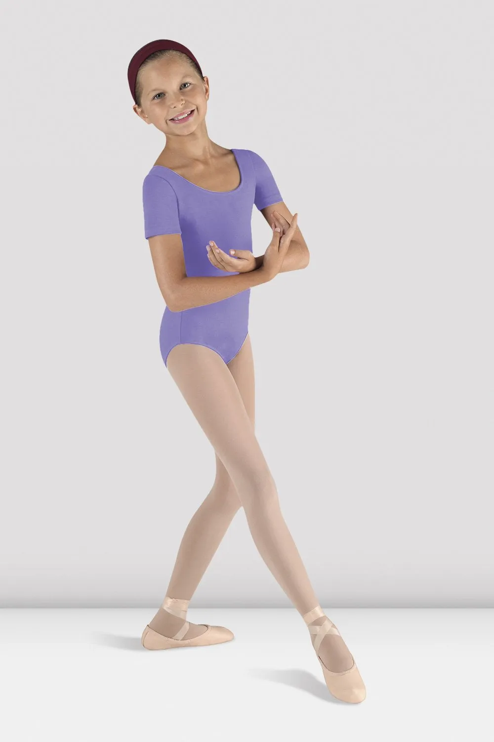 Elasticized Hem Girls Short Sleeve Round Neck Leotard