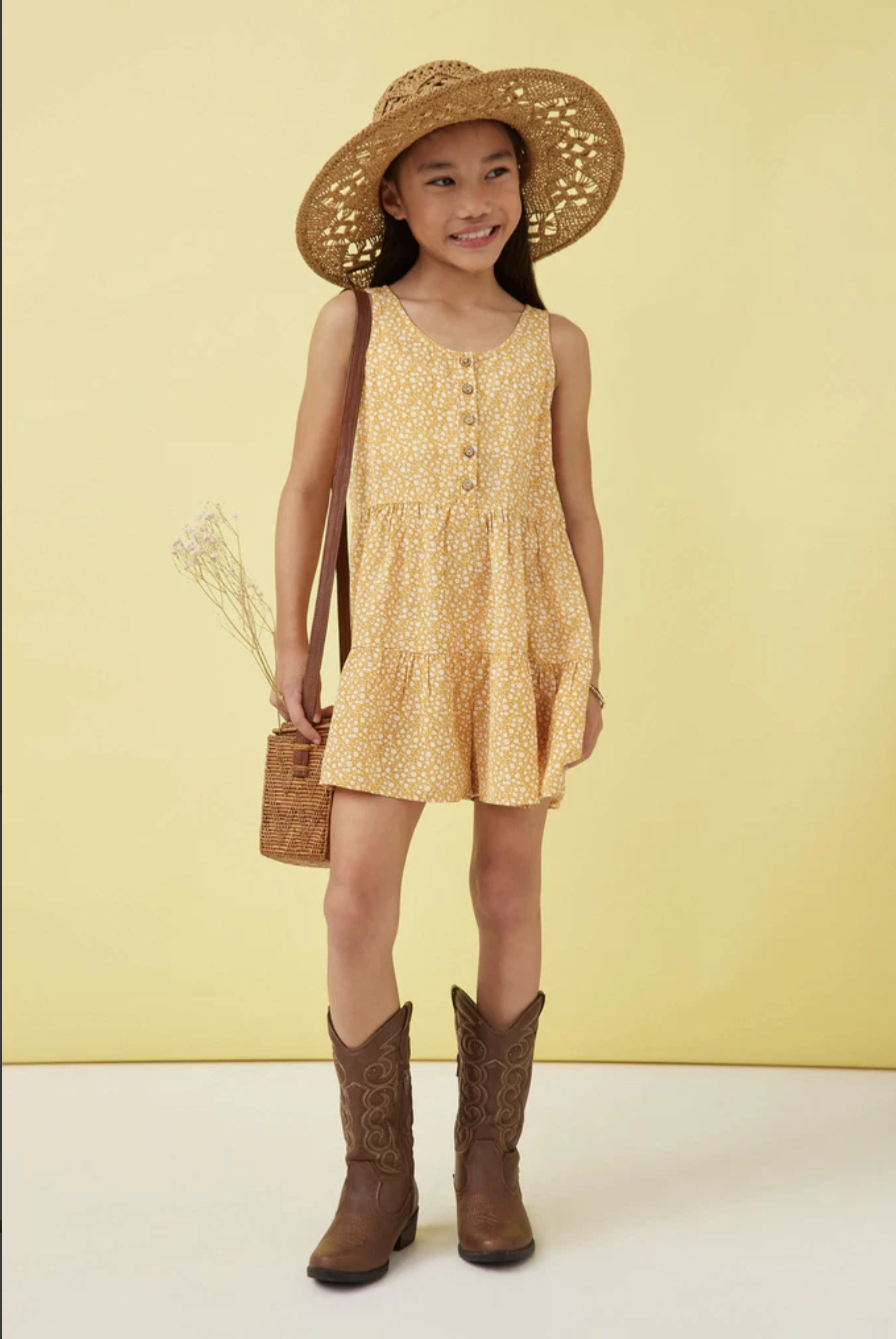 Girls Ditsy Floral Buttoned Tiered Wide Leg Romper Silent Mood