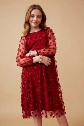 Athletic Wear Girls Floral Applique Long Sleeve Mesh Dress- Burgundy