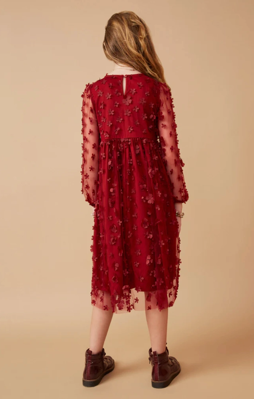 Girls Floral Applique Long Sleeve Mesh Dress- Burgundy Free Fit Translucent Soul