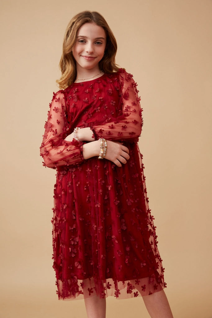 Athletic Wear Girls Floral Applique Long Sleeve Mesh Dress- Burgundy