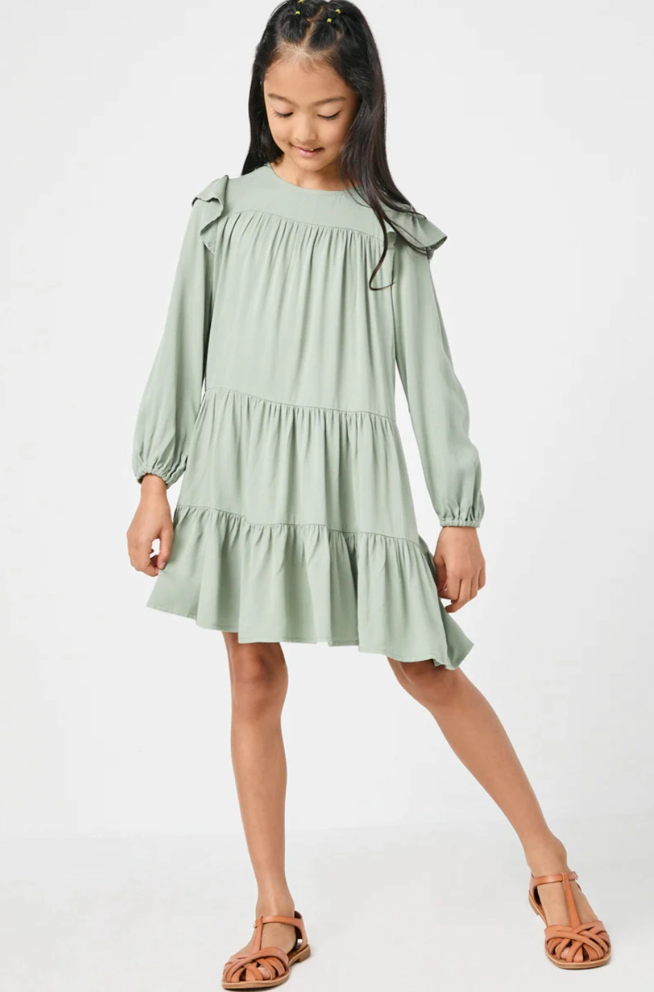 Low Care Girls Ruffled Shoulder Long Sleeve Dress- Olive