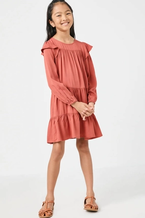 Girls Ruffled Shoulder Long Sleeve Dress- Rust Mesh Glow FourWayStretchClothing