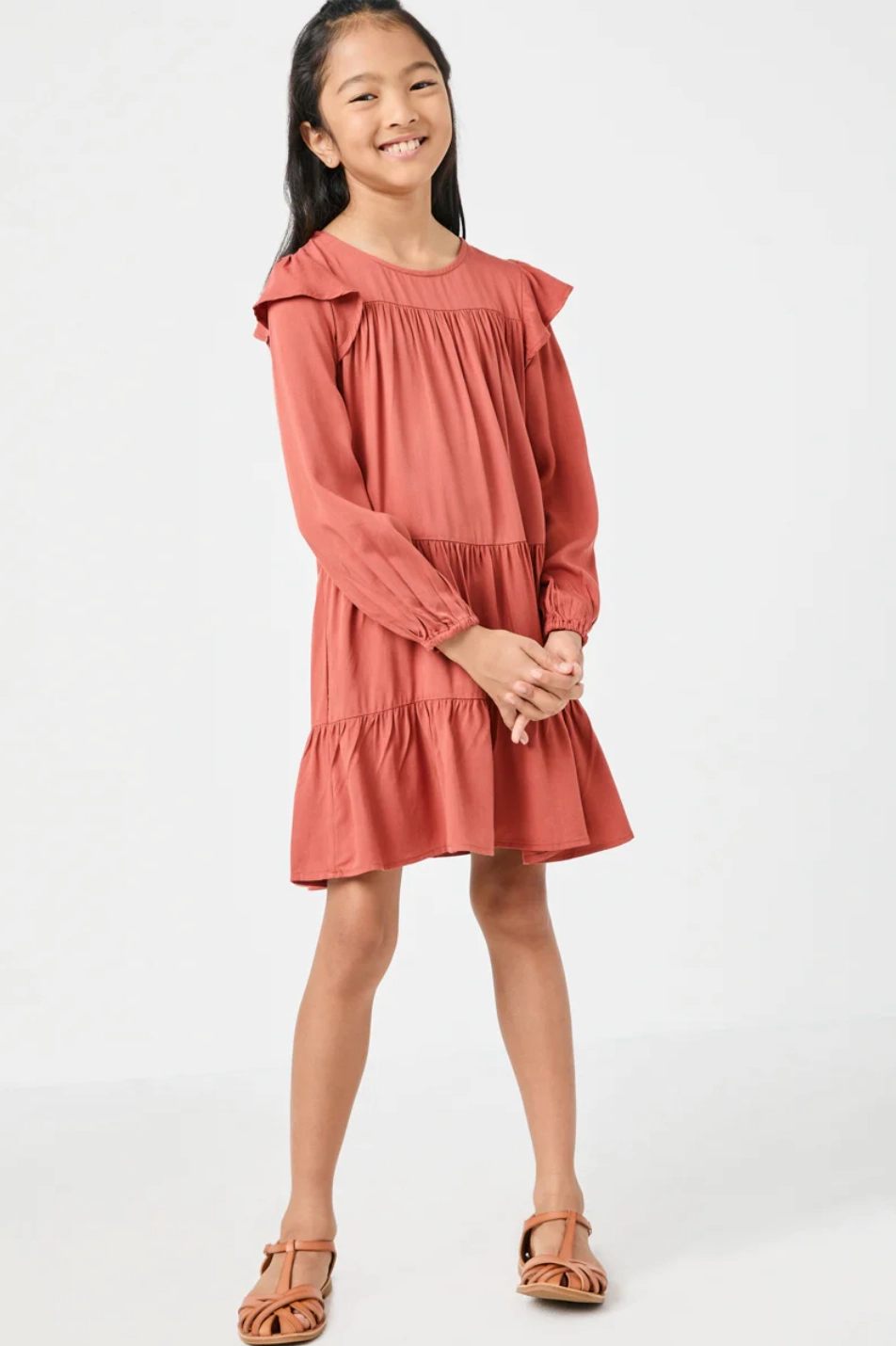 Girls Ruffled Shoulder Long Sleeve Dress- Rust Event Vibe