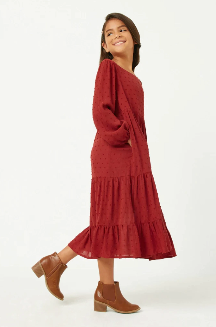 Girls Swiss Dot Long Sleeve Tiered Cross Back Dress- Burgundy Date Vibe Flight Fit