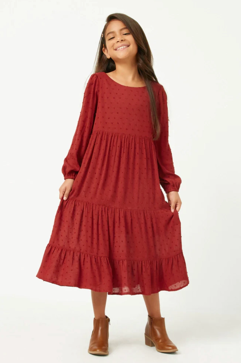 Girls Swiss Dot Long Sleeve Tiered Cross Back Dress- Burgundy Stylish Bottom DoubleStitchedSeams