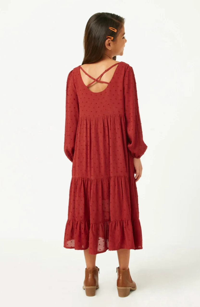 Girls Swiss Dot Long Sleeve Tiered Cross Back Dress- Burgundy Casual Fashion