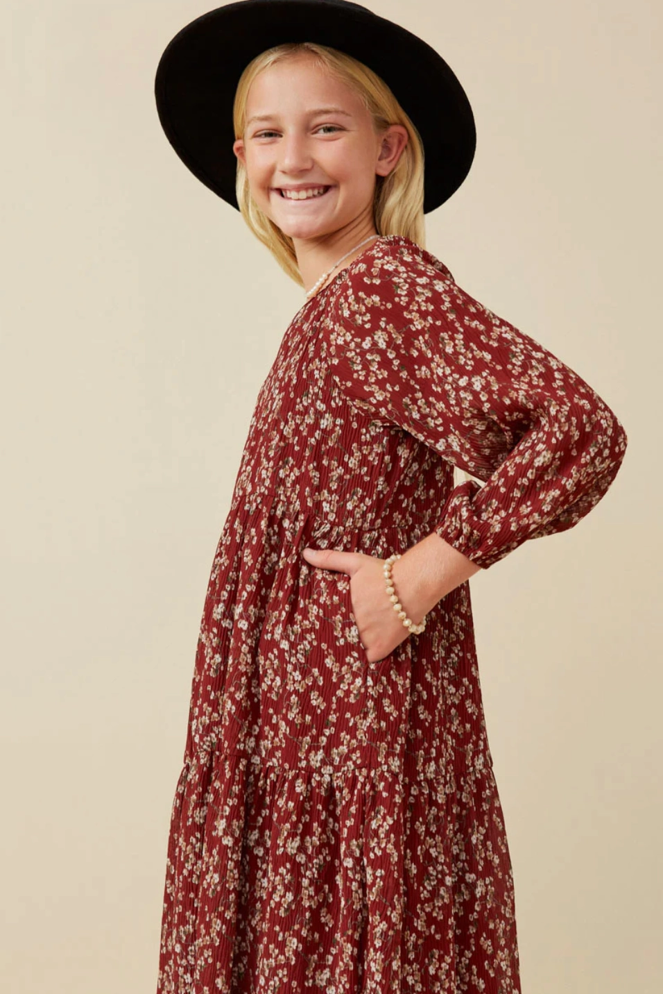 Effortless Style Girls Textured Floral Puff Sleeve Midi Dress- Burgundy