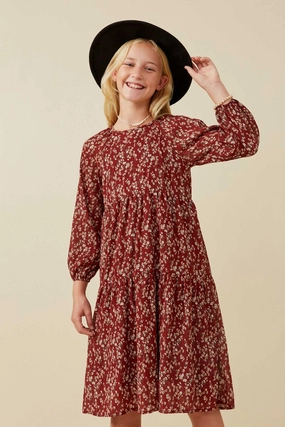 Girls Textured Floral Puff Sleeve Midi Dress- Burgundy Legend Fit Soft Core