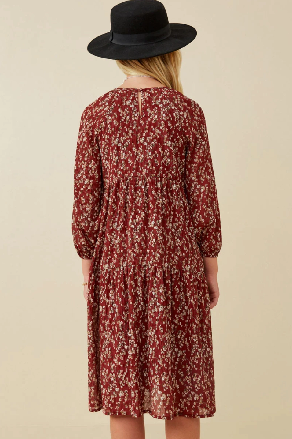 Girls Textured Floral Puff Sleeve Midi Dress- Burgundy CompactFold