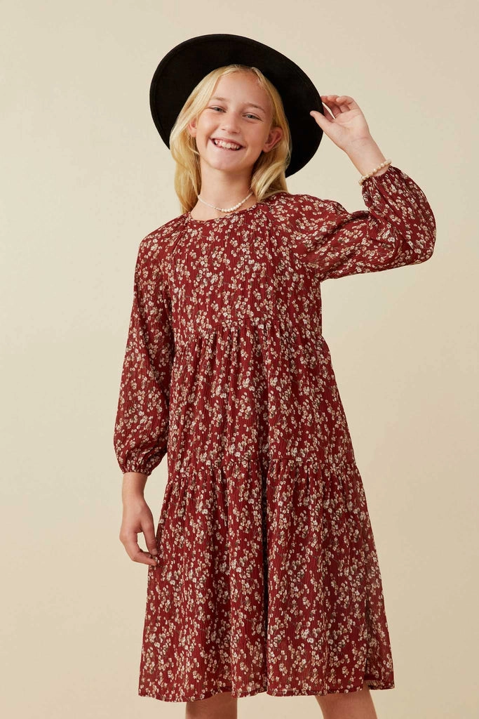 Girls Textured Floral Puff Sleeve Midi Dress- Burgundy SustainableBlend