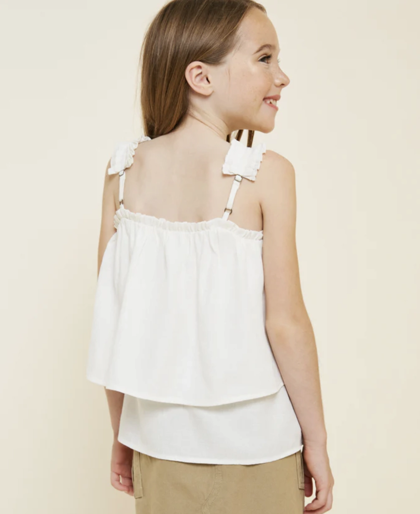 Girls Tiered Pleated Strap Tank - Off White Sun Beam