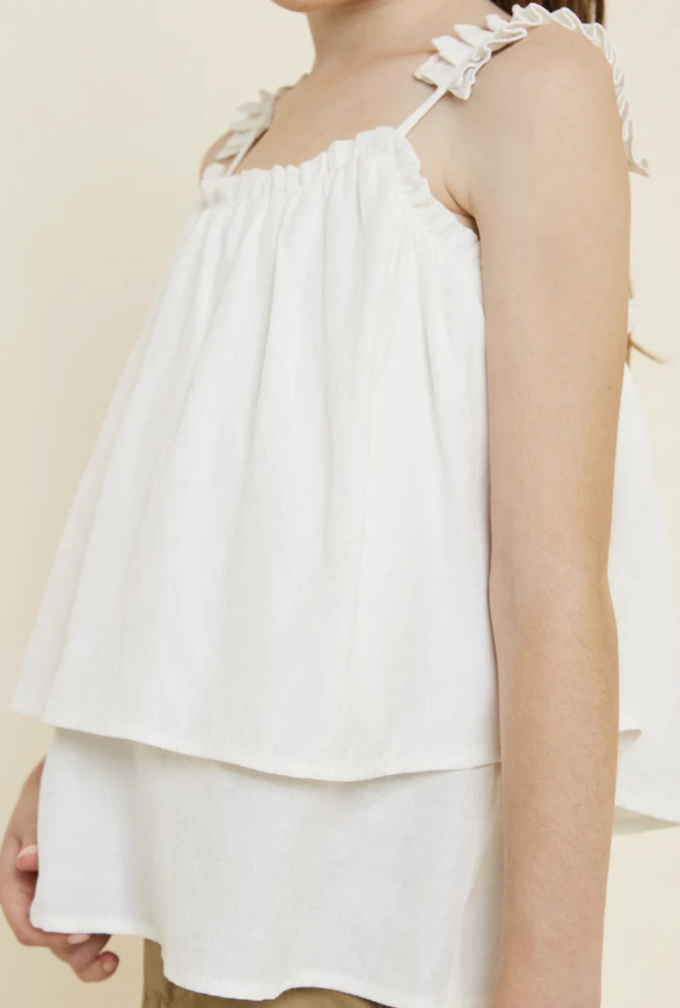 TagFreeDesign DurableThreadwork Girls Tiered Pleated Strap Tank - Off White