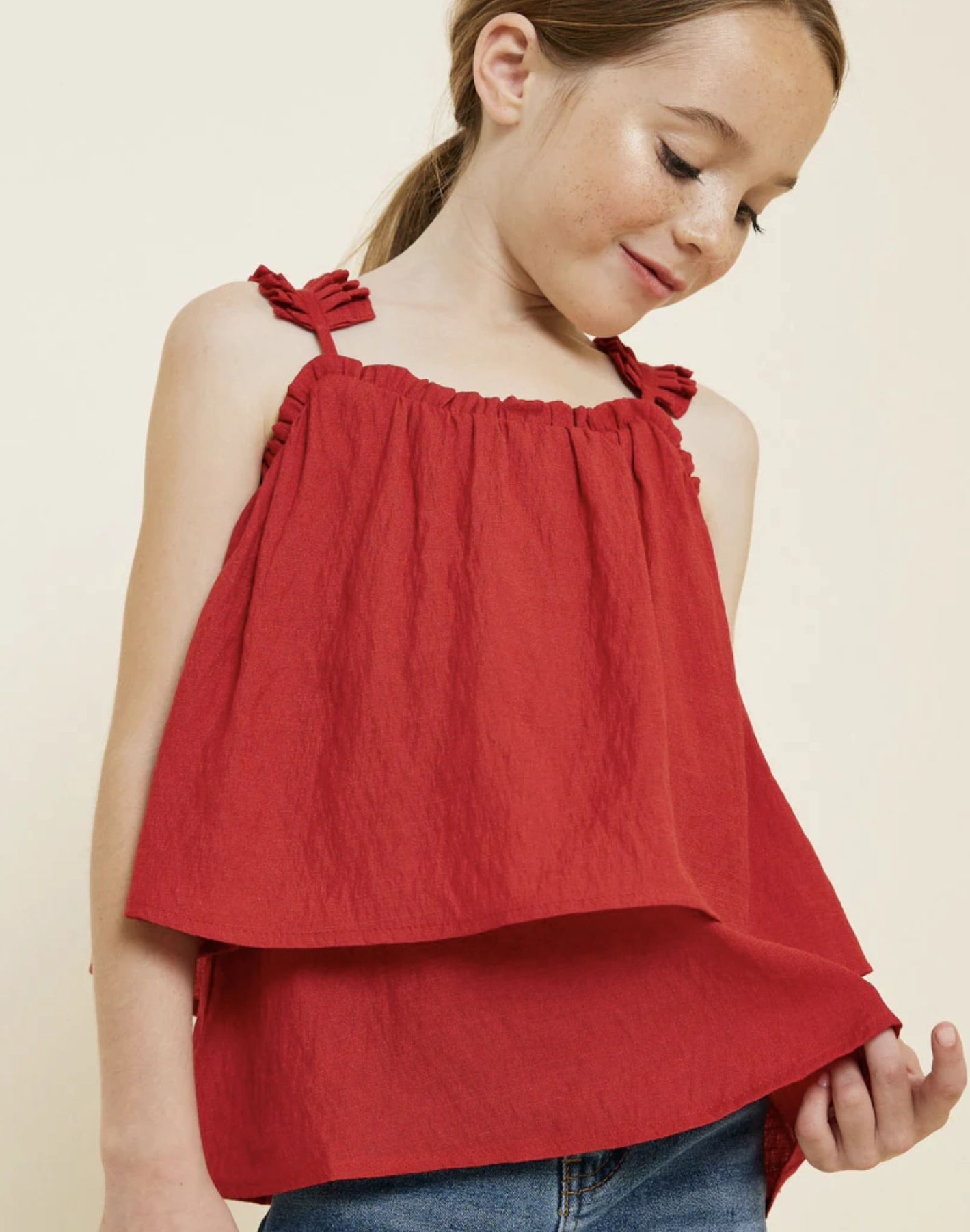 Girls Tiered Pleated Strap Tank - Red EcoFriendlyProduction