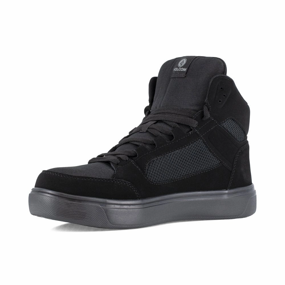 Volcom Men's Skate Inspired Work High Top Composite Toe Shoes Evolve Vm30244 In Triple Black Stabilizing Fit Foot Support