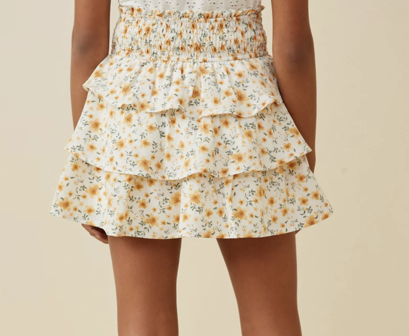 Girls Smocked Waist Tiered Ditsy Floral Skirt Formal Tone Pure Cotton