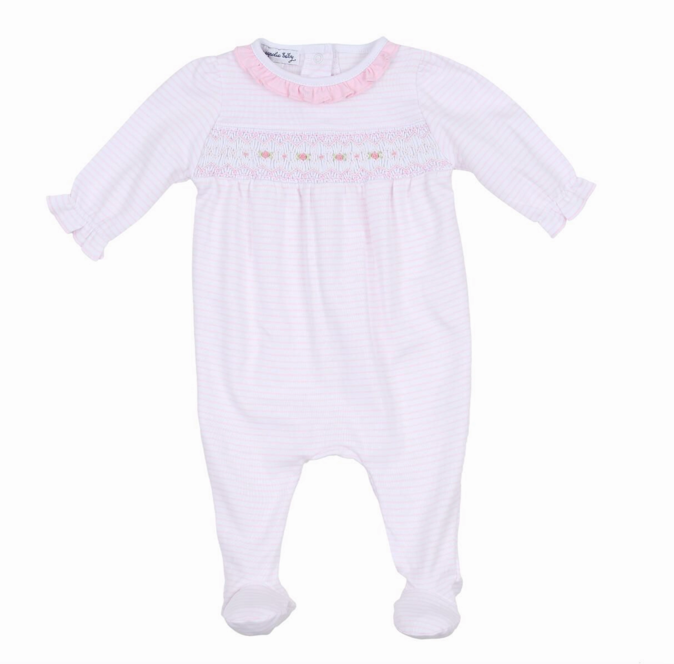 Katie and Kyle Smocked Ruffle Girl Footie - Pink Flight Fit StretchPaneling