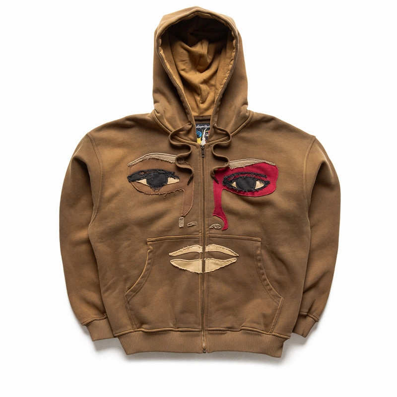 Simple Wear KidSuper Patchwork Face Heavyweight Zip Up Hoodie - Dark Brown