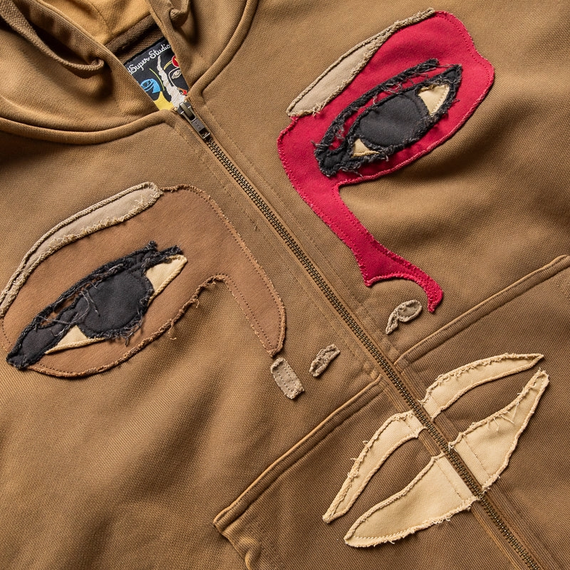 KidSuper Patchwork Face Heavyweight Zip Up Hoodie - Dark Brown VentilatedKnit