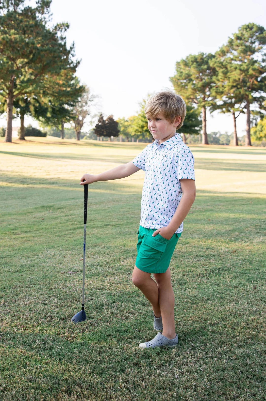 Boys Short Sleeve Pro Performance Polo in Golf Print on White Recycle Glow Luxury Apparel