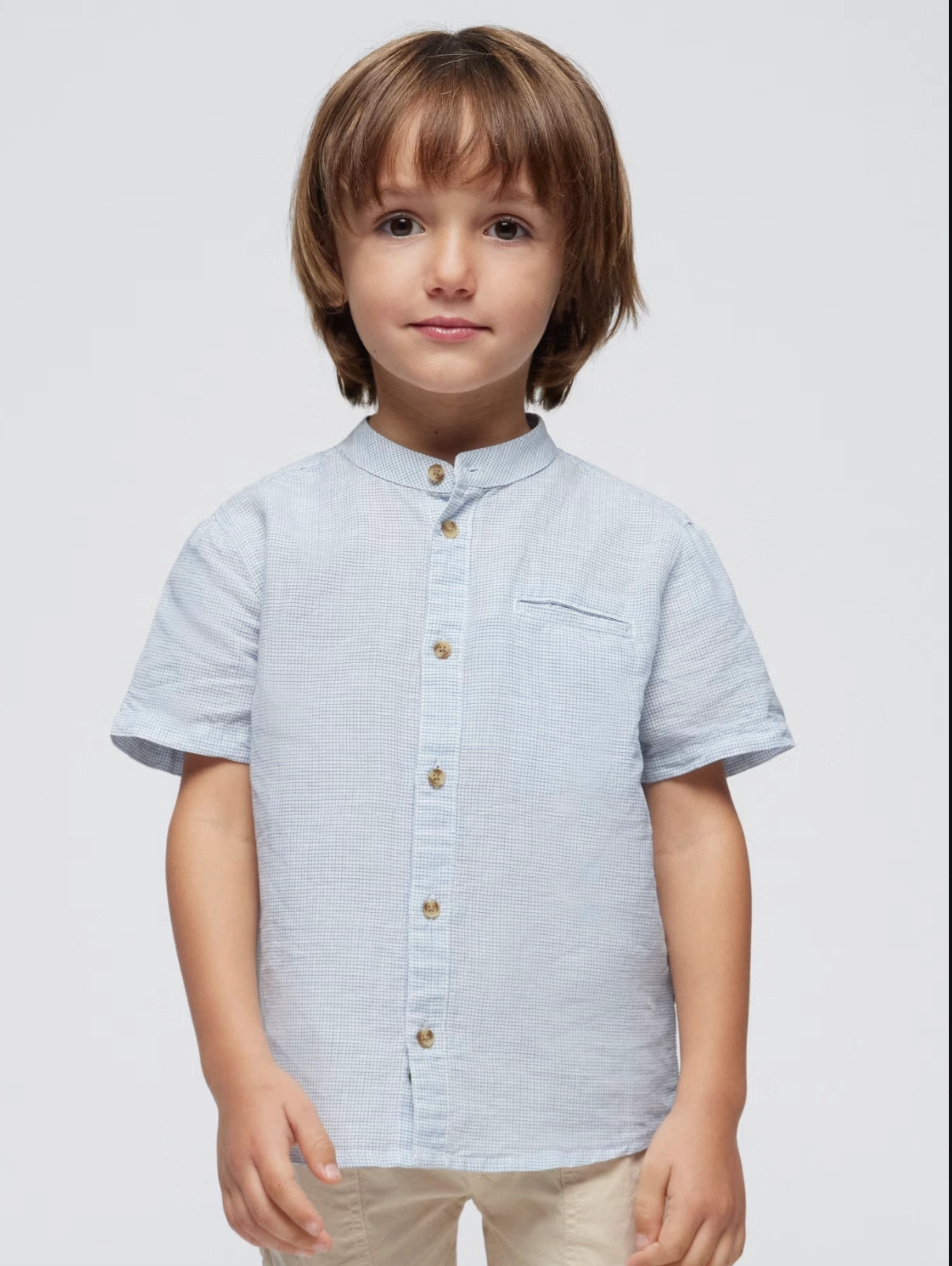 Run Core Light Blue Plaid Mandarin Collar Shirt