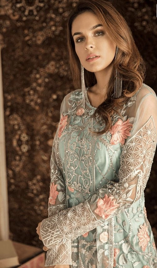 Light Blue Stitched Chiffon Designer Replica Party Dress Stylish day dress