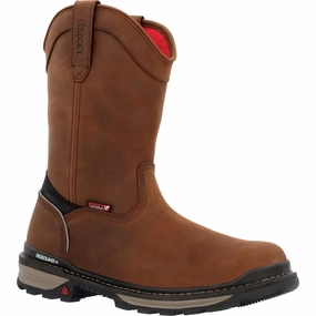 Rocky Rams Horn Men's Waterproof Pull-On Work Boots Rkk0398 In Brown High Traction Rainy Days