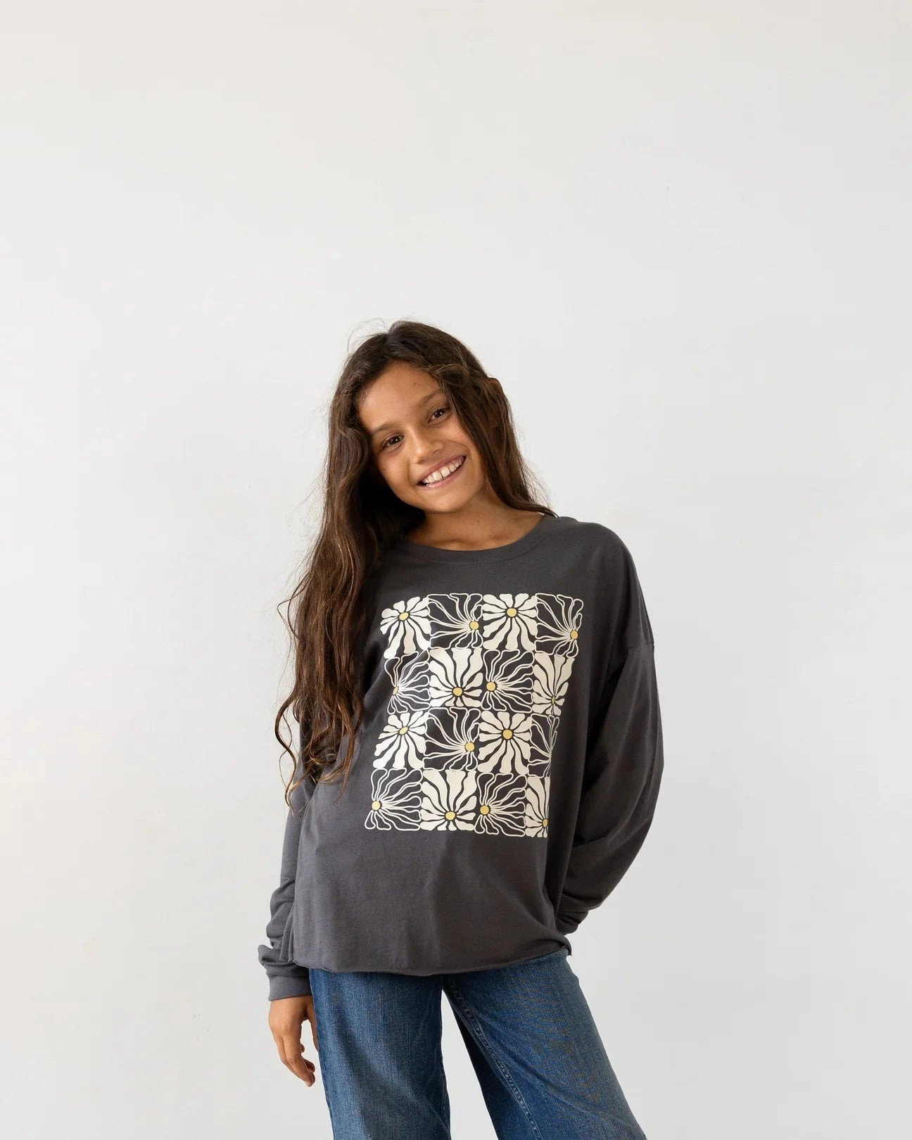 Long Sleeve Daisy Check Tee Sporty Design Trend Base