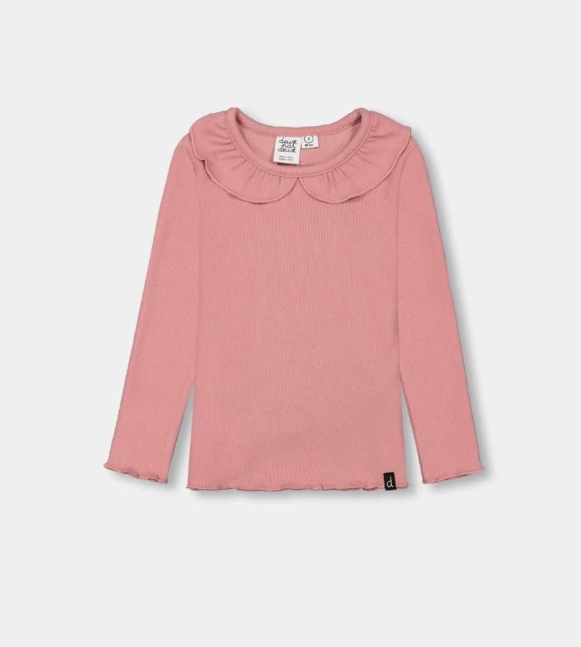 QuickDryMaterial Long Sleeve Rib Top w/Flounce Collar - Rose